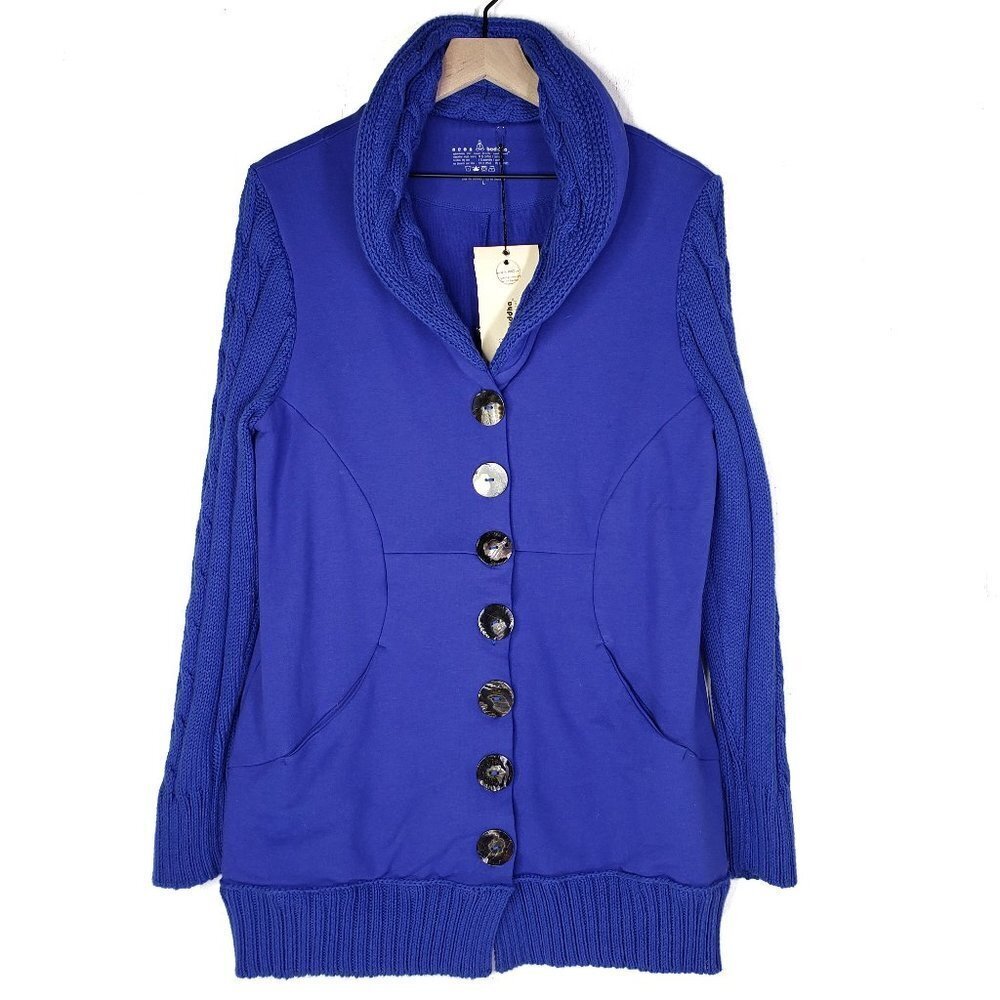 NEW Neon Buddha Button Front Sweatshirt Sweater Coat Jacket Cardigan L Blue NWT